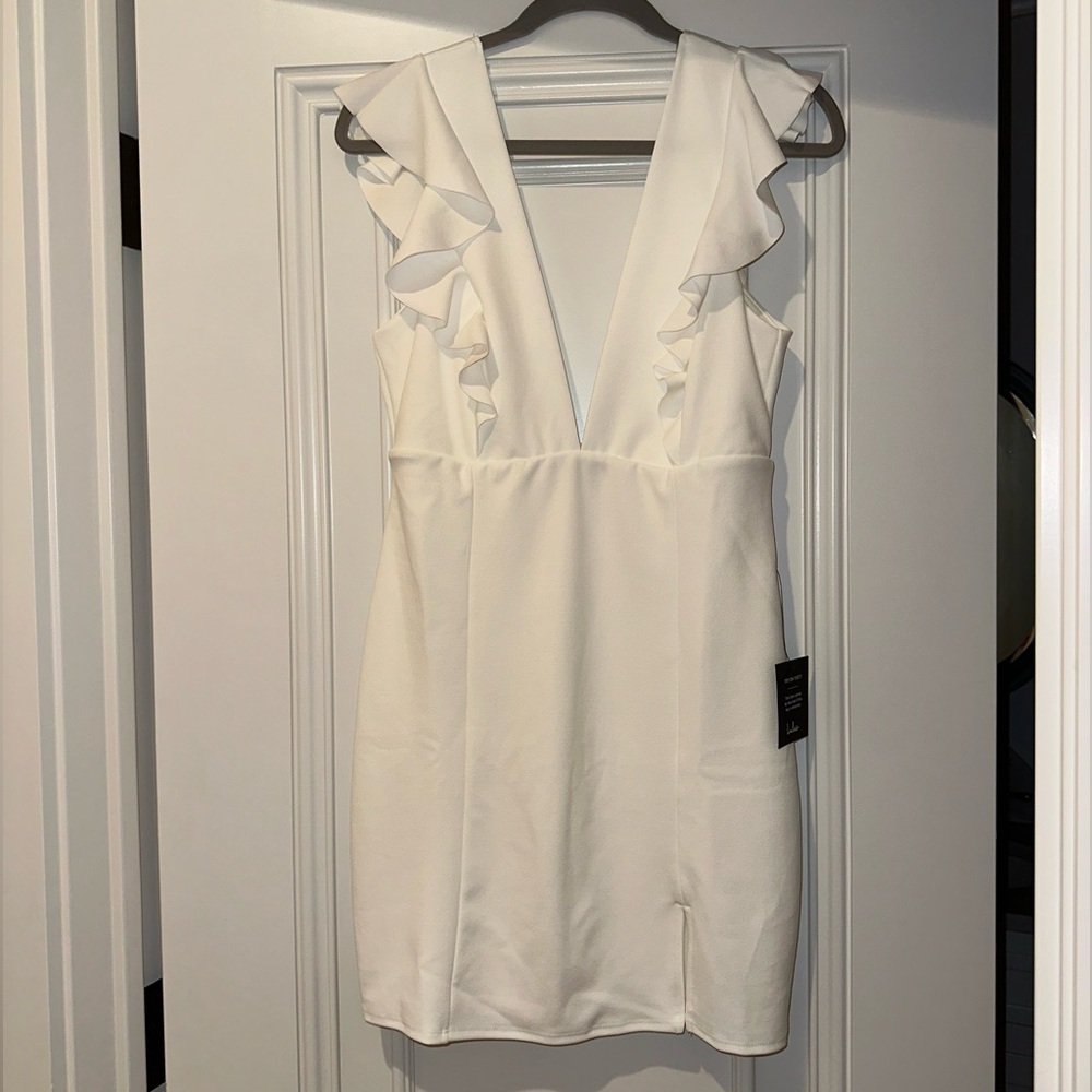 Lulus - Saw You Dancing White Ruffled V-Neck Bodycon Mini Dress